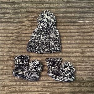 Cozy Navy and White Knit Hat and Booties Set